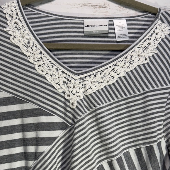 Alfred Dunner Grey and White Striped Blouse with Lace V-neck 3/4 Length Sleeves - Picture 3 of 4